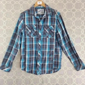 Chalc Blue Plaid Button Down Men's Shirt M